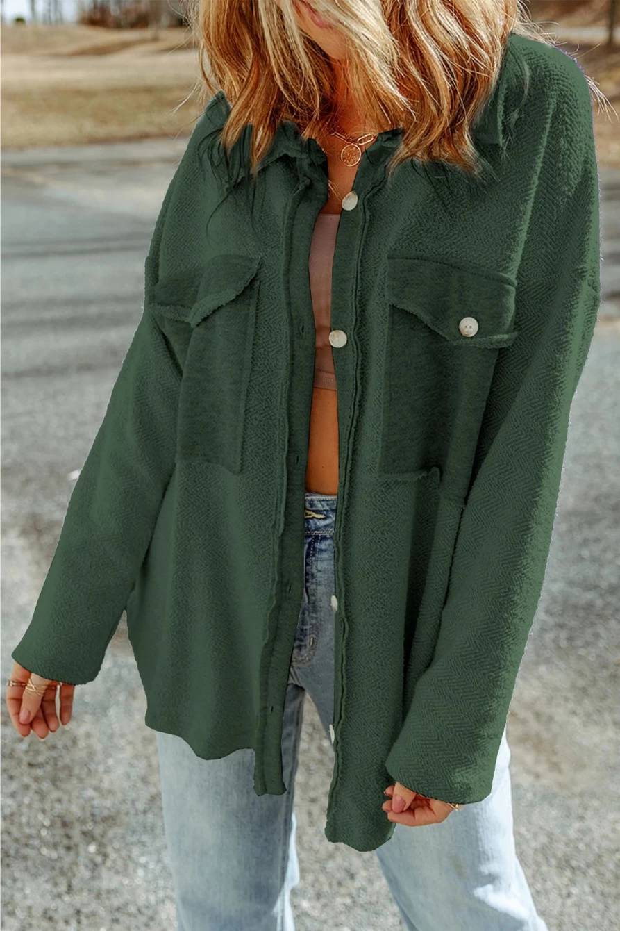 Women's Green Textured Button-Up Shacket with Flap Pockets by Shewin