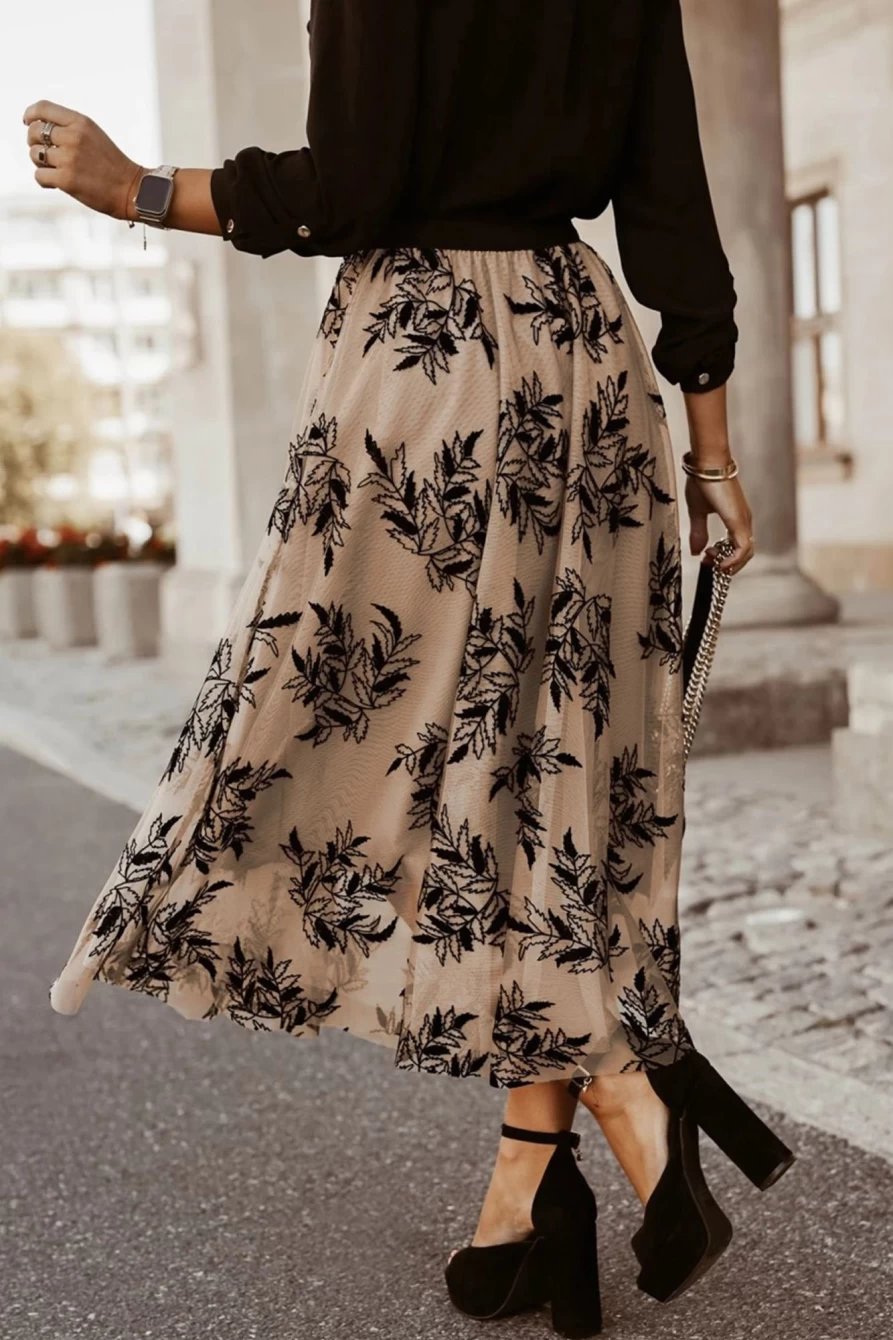 Shewin Women's Apricot Floral Embroidered High Waist Maxi Skirt - Boho Chic Summer Dress