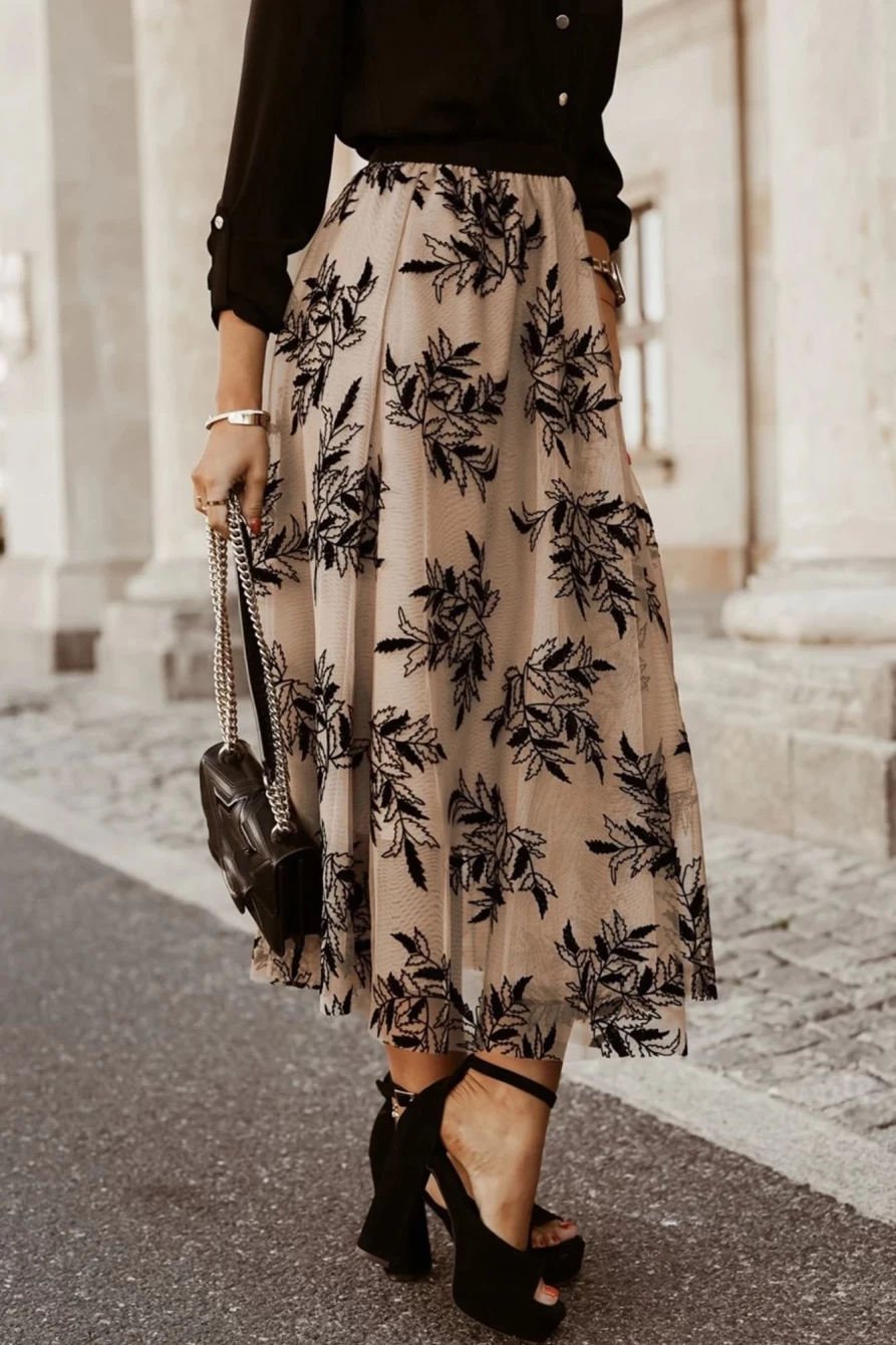 Shewin Women's Apricot Floral Embroidered High Waist Maxi Skirt - Boho Chic Summer Dress