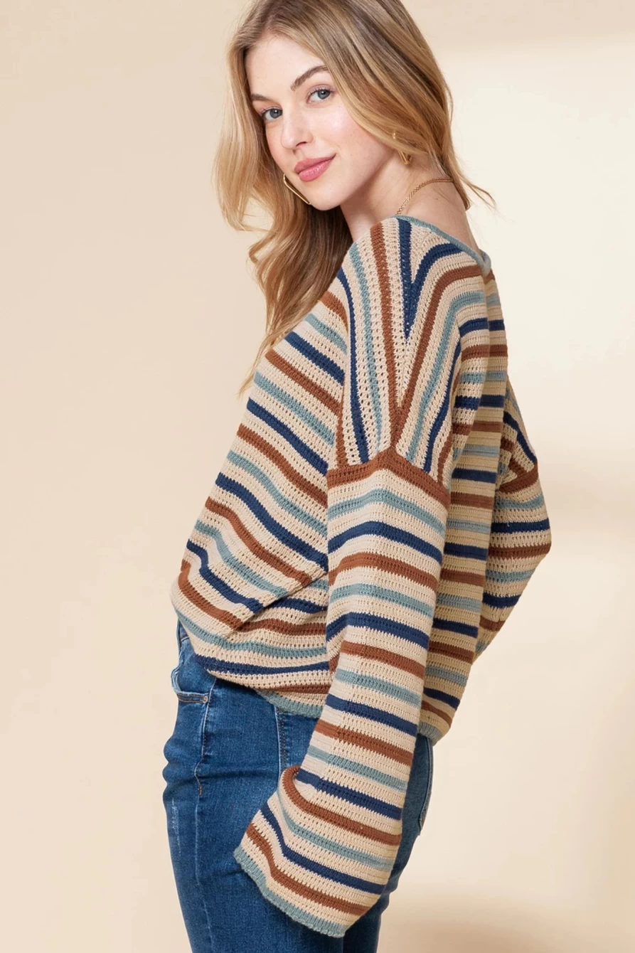 Shewin Women's Gray Stripe Knitted Drop Sleeve Cropped Loose Sweater