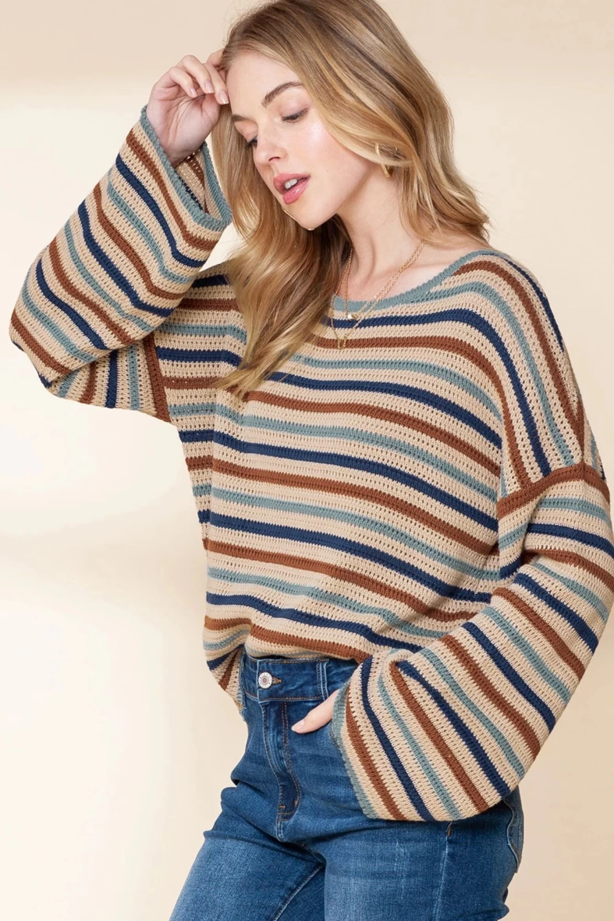 Shewin Women's Gray Stripe Knitted Drop Sleeve Cropped Loose Sweater