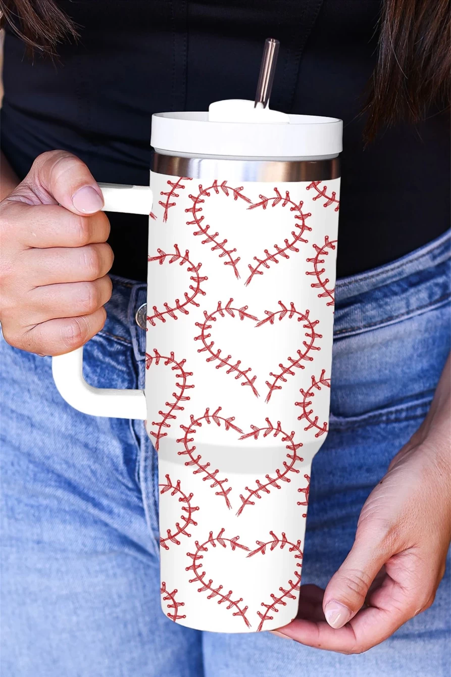 Shewin Women's White Heart Baseball Print Stainless Steel Thermos Cup With Handle - Insulated Travel Mug