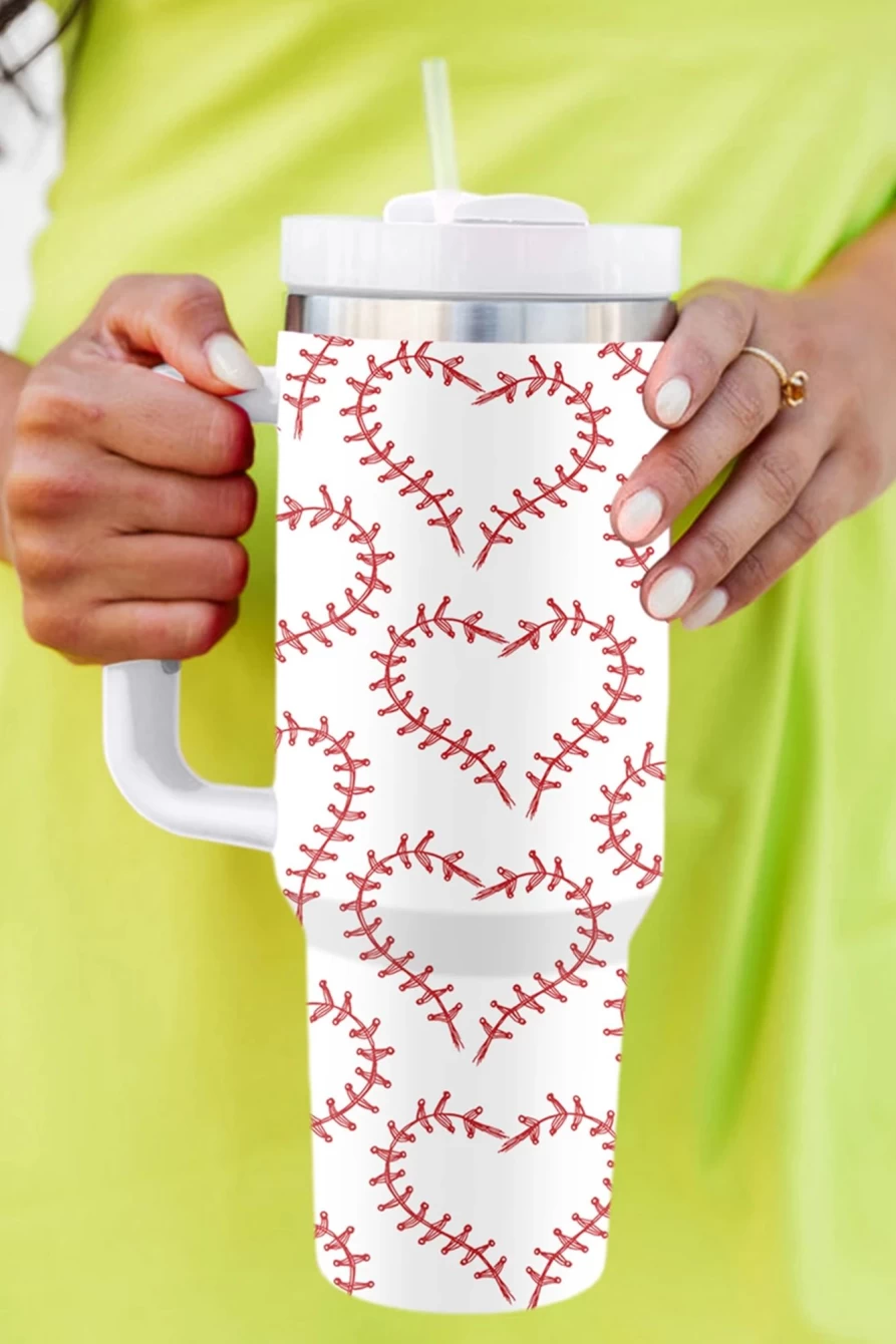 Shewin Women's White Heart Baseball Print Stainless Steel Thermos Cup With Handle - Insulated Travel Mug