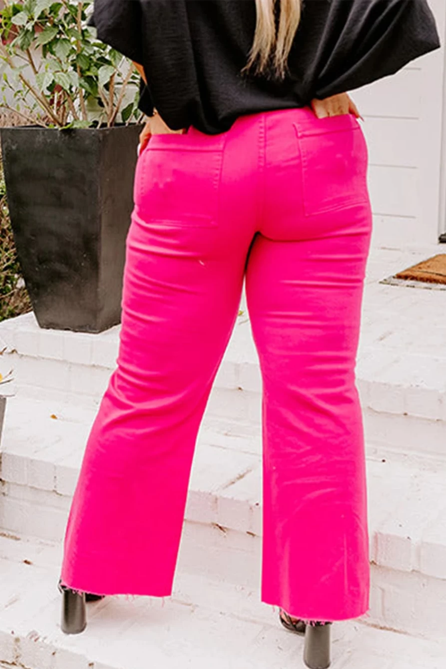 Shewin Women's Rose Wide Leg High Waist Pants - Plus Size Raw Hem Solid Color Trousers