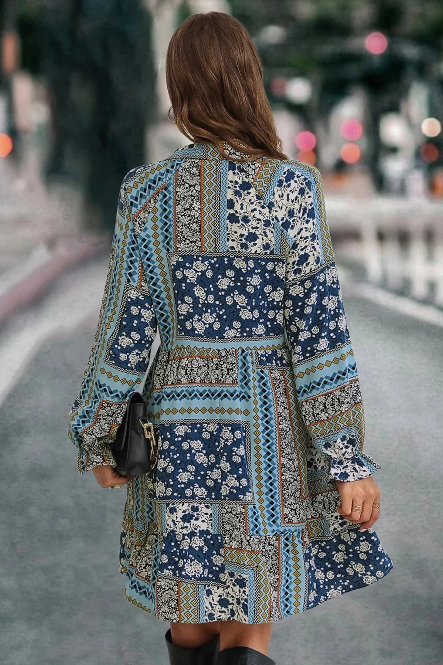 Shewin Women's Real Teal Boho Floral Print V-Neck Long Sleeve Maxi Dress