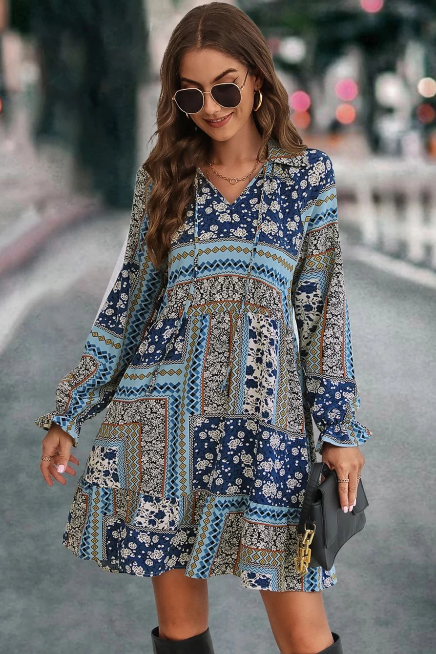 Shewin Women's Real Teal Boho Floral Print V-Neck Long Sleeve Maxi Dress