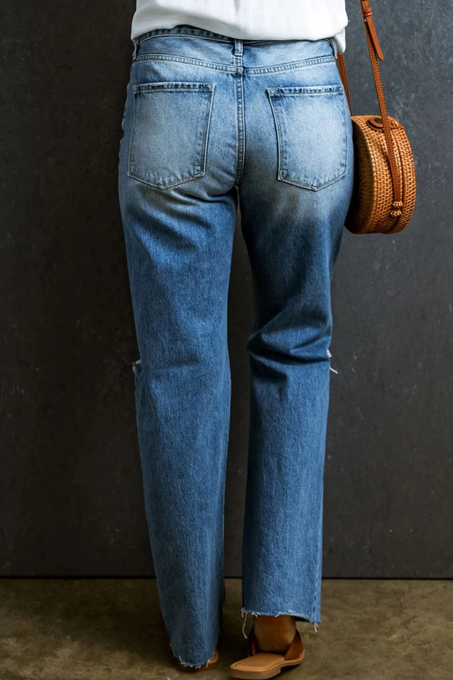Shewin Women's Light Blue Acid Wash Distressed Straight Leg Jeans - Vintage Denim High Waisted Casual Pants
