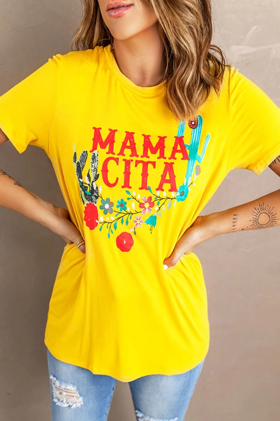"SheWin Women's Yellow Mamacita Graphic Crew Neck T-Shirt"