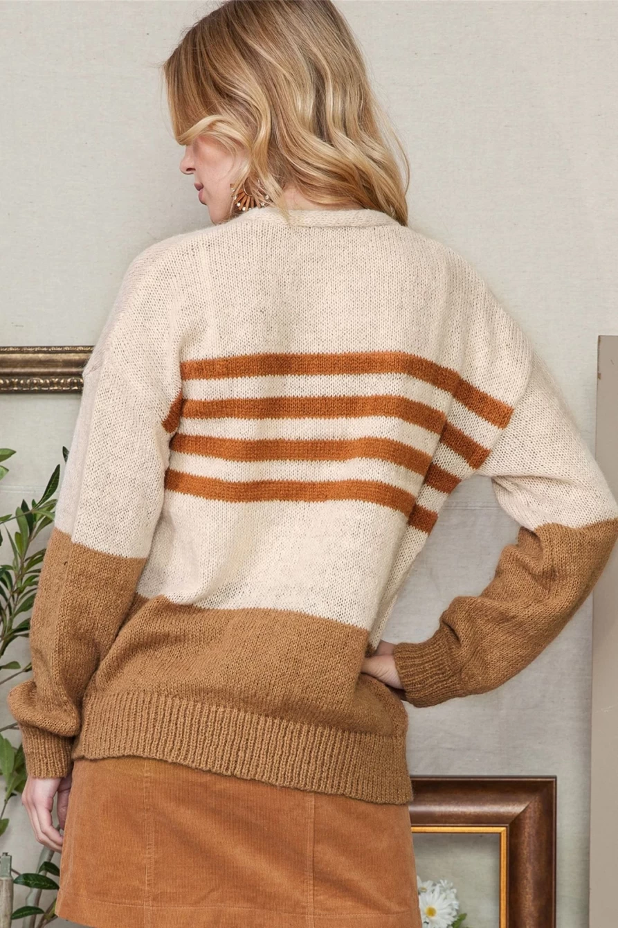 Shewin Women's Flaxen Colorblock Striped Open Front Cardigan Sweater