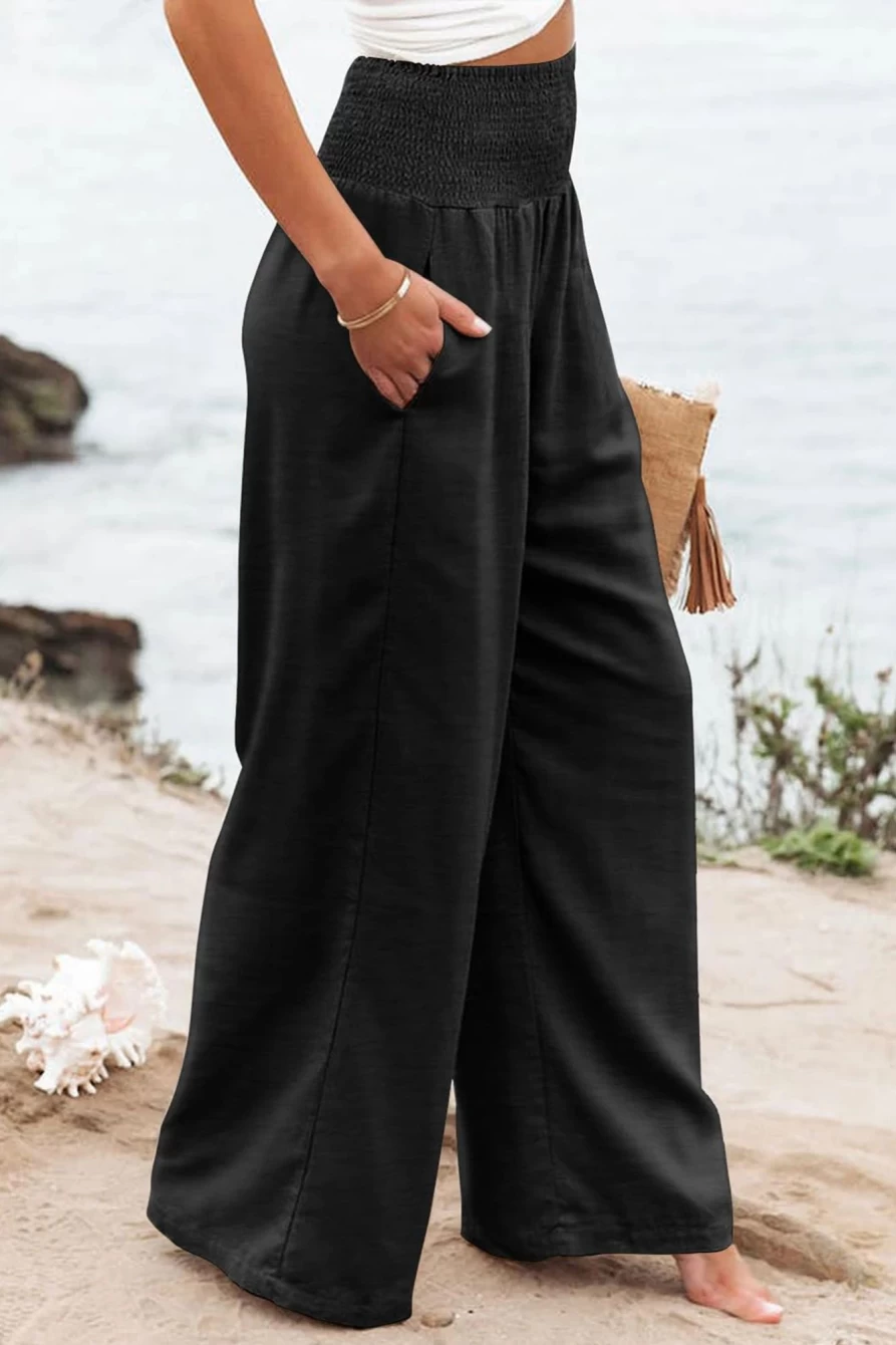 Shewin Women's Plus Size Black Shirred High Waist Wide Leg Pants