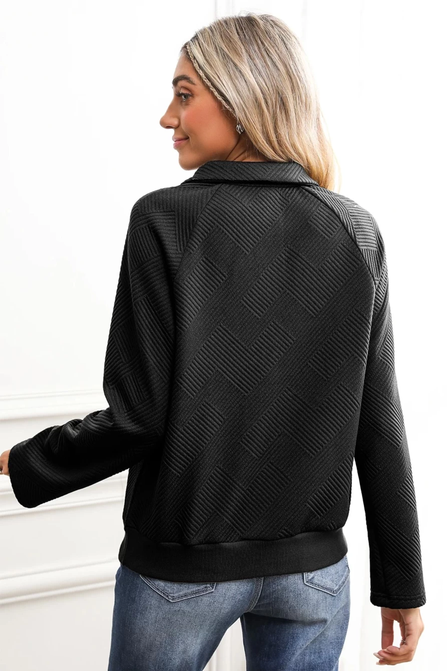 Shewin Women's Black Textured Henley Collar Kangaroo Pocket Sweatshirt