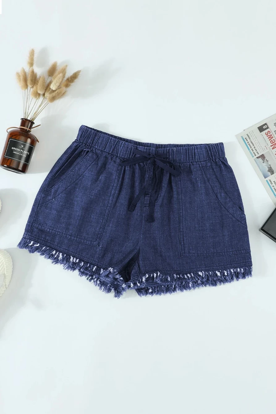 Shewin Women's Blue Distressed Denim Shorts with Frayed Hem and Pockets