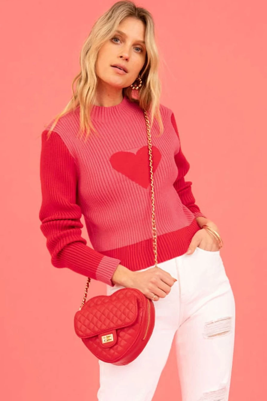 "SheWin Women's Fiery Red Ribbed Heart Print Colorblock Sweater for Valentine's Day"