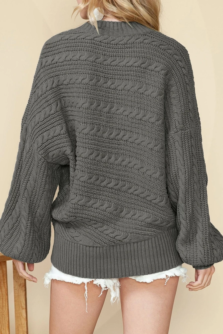 Shewin Women's Gray Mock Neck Lantern Sleeve Cable Knit Sweater