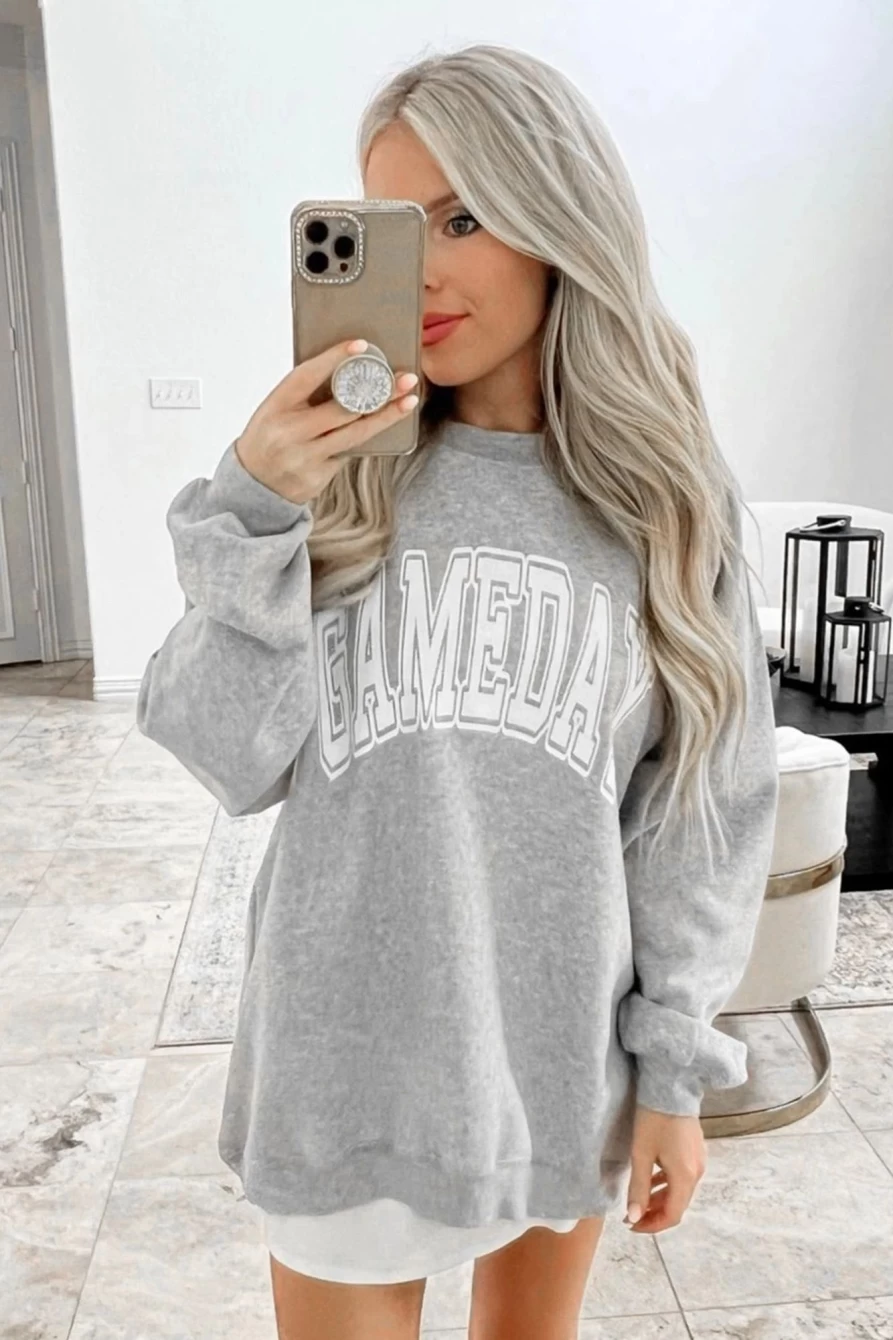 Women's Gray Round Neck Letter Graphic Gameday Sweatshirt - Shewin