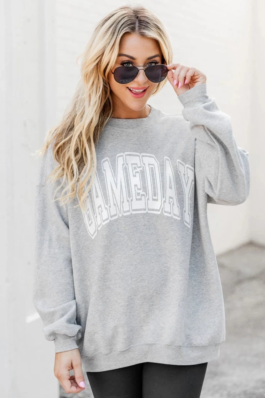 Women's Gray Round Neck Letter Graphic Gameday Sweatshirt - Shewin