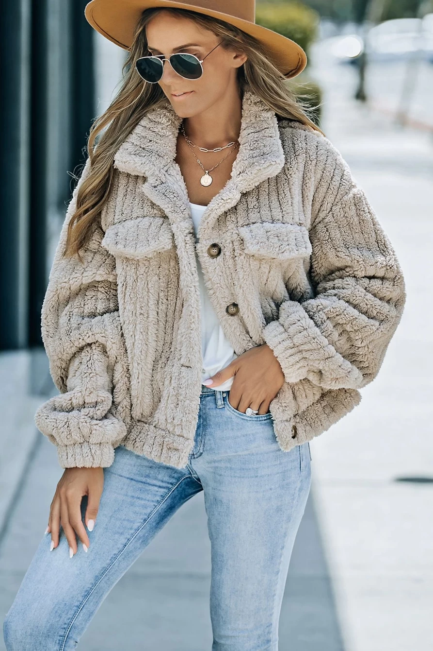 Shewin Women's Khaki Solid Color Plush Fleece Button-Up Jacket with Pockets