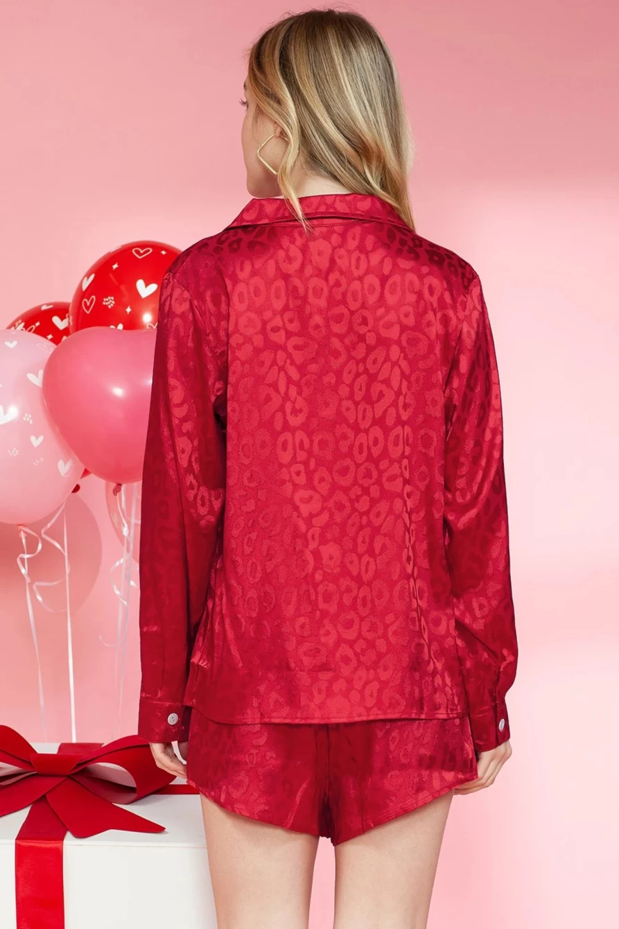 Shewin Women's Red Leopard Print Satin Loungewear Set - Long Sleeve Top & Shorts Pajamas