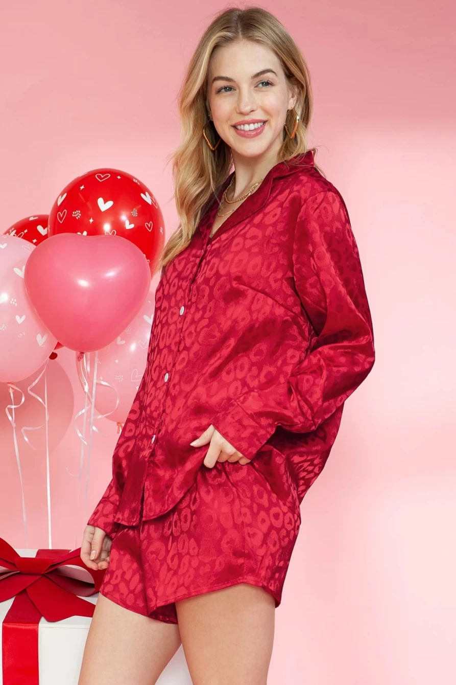 Shewin Women's Red Leopard Print Satin Loungewear Set - Long Sleeve Top & Shorts Pajamas