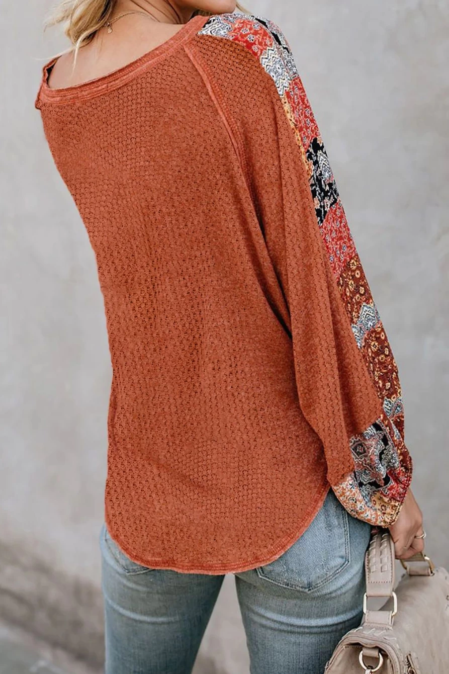 Shewin Women's Orange Bohemian Printed Patchwork Top with Waffle Texture Sleeves