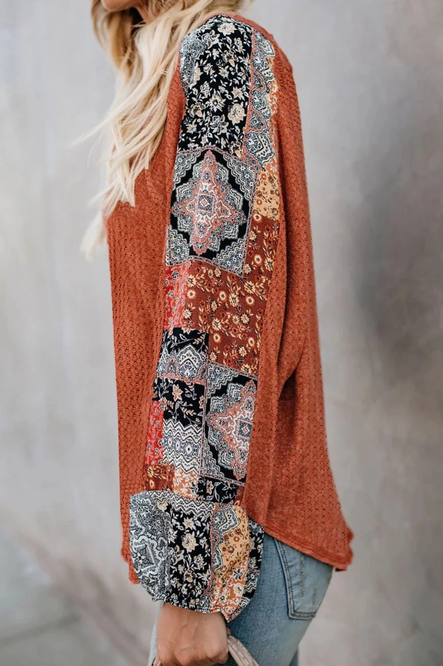 Shewin Women's Orange Bohemian Printed Patchwork Top with Waffle Texture Sleeves