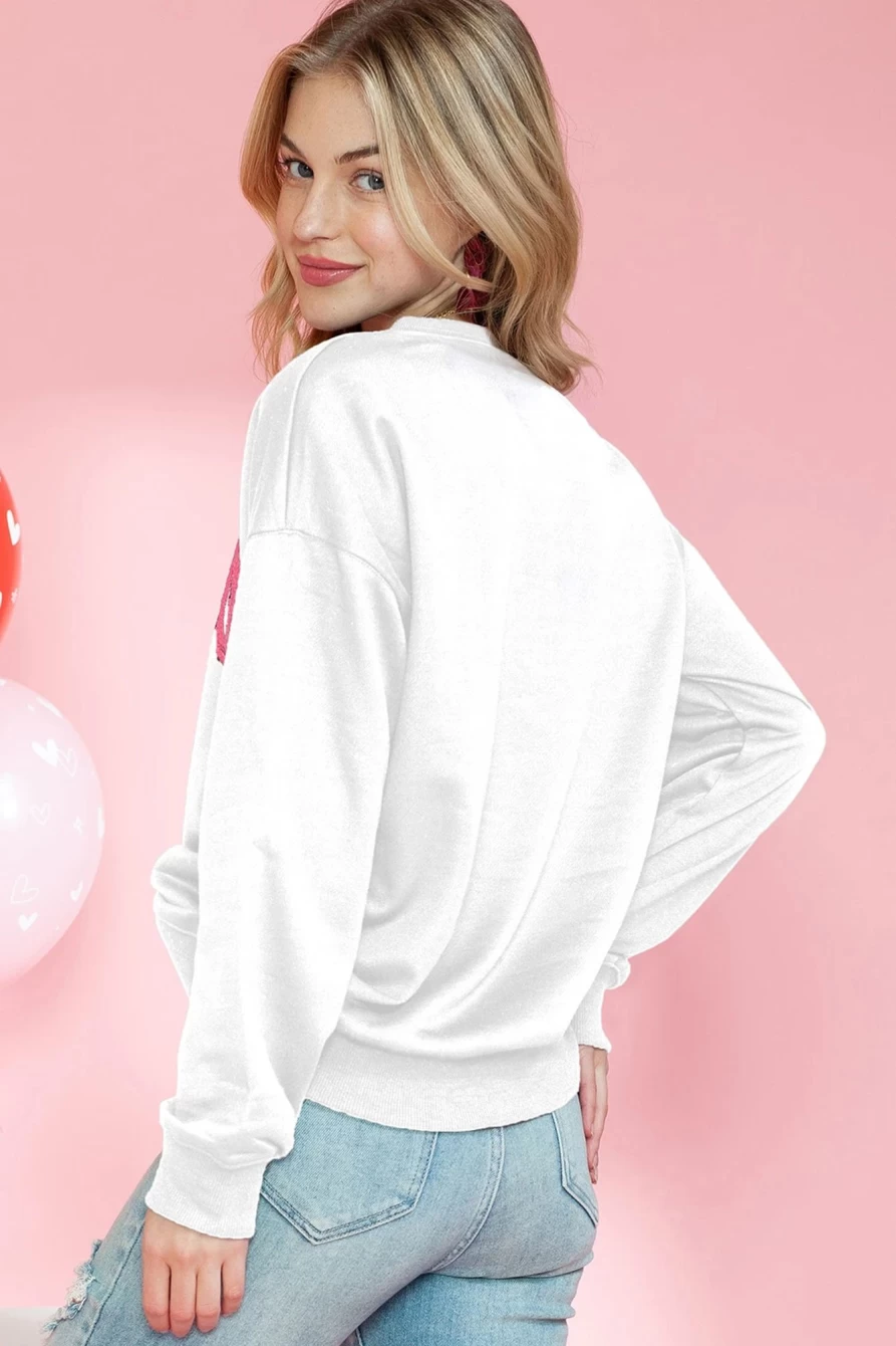 Shewin Women's Beige Valentine XOXO Letter Graphic Sweatshirt - Shiny Love Theme Pullover
