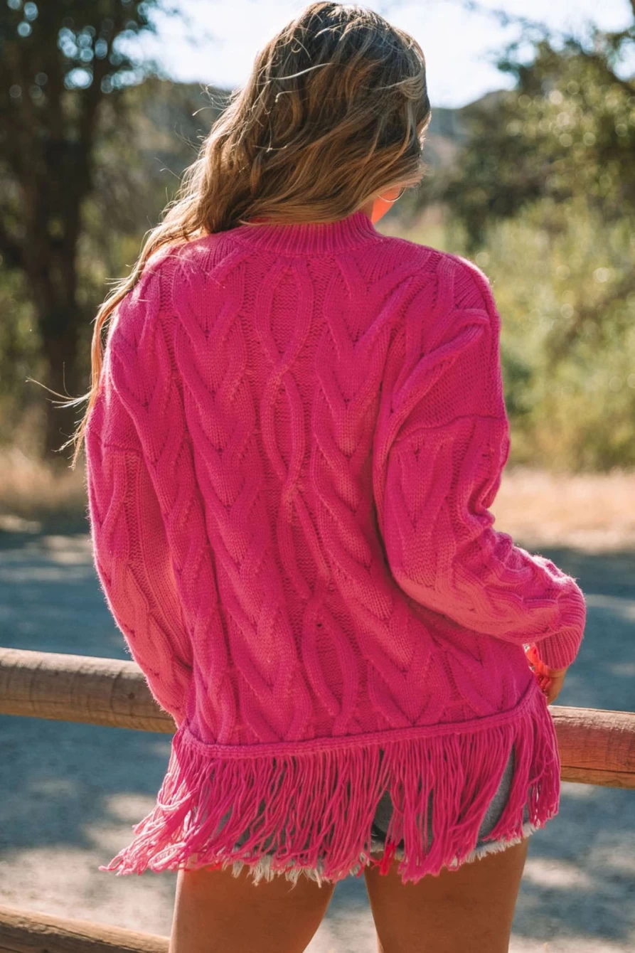 Shewin Women's Rose Cable Knit Sweater with Twist Detail & Tassel Hem