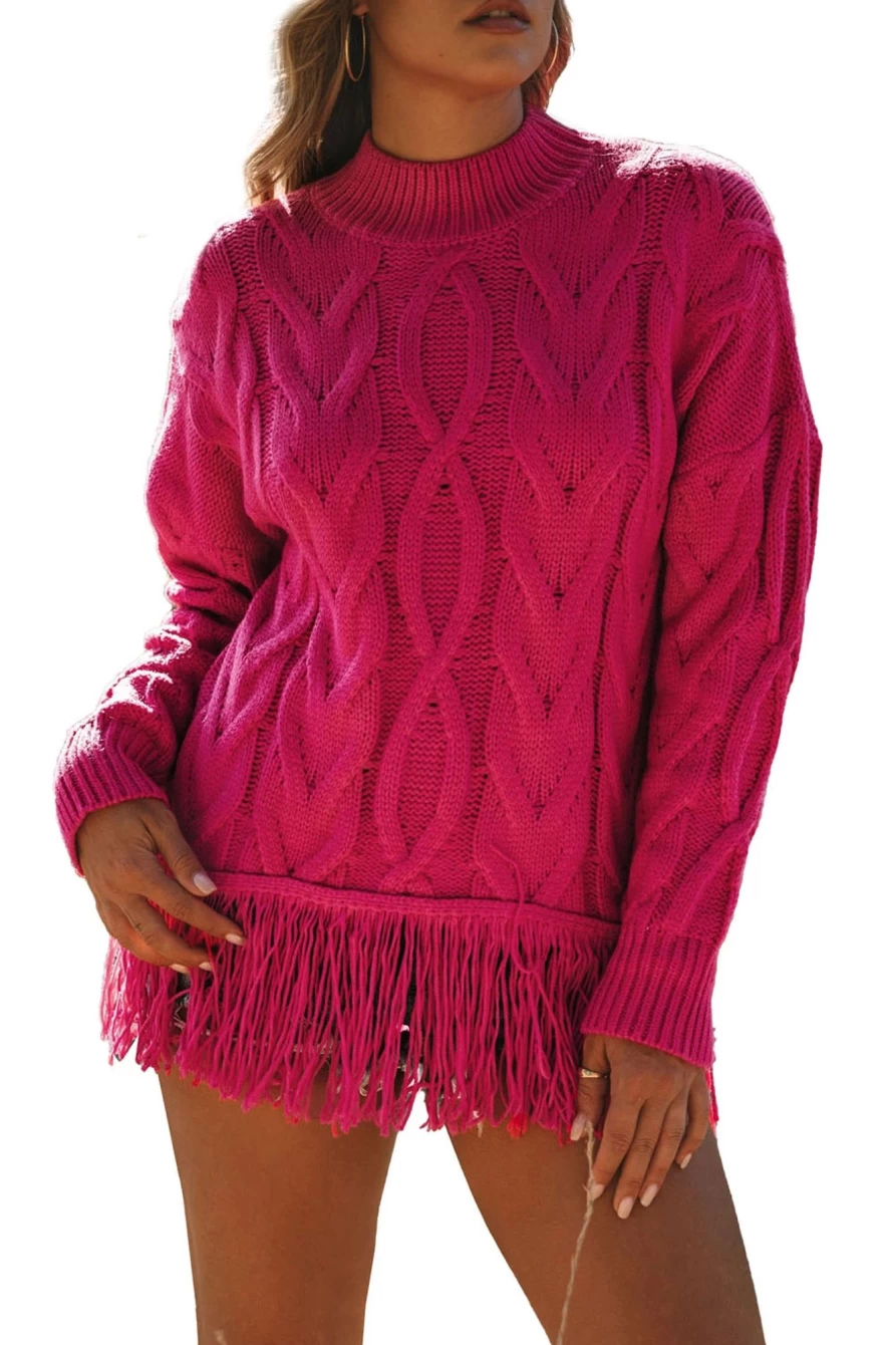 Shewin Women's Rose Cable Knit Sweater with Twist Detail & Tassel Hem