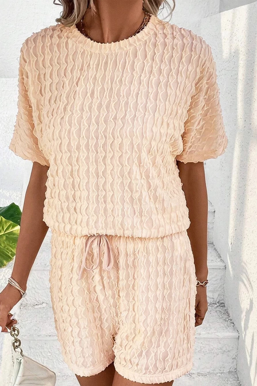 Shewin Women's Beige Frill Textured Tee & Drawstring Shorts Casual Summer Outfit Set