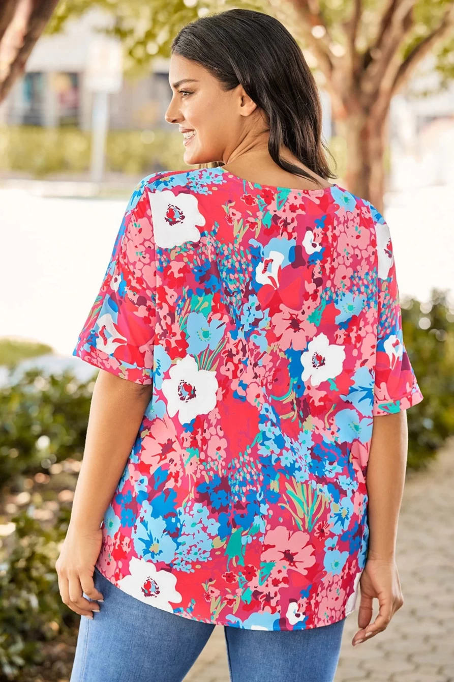 Shewin Women's Sky Blue Floral V-Neck Dolman Sleeve Plus Size Blouse
