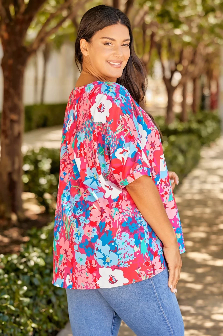 Shewin Women's Sky Blue Floral V-Neck Dolman Sleeve Plus Size Blouse