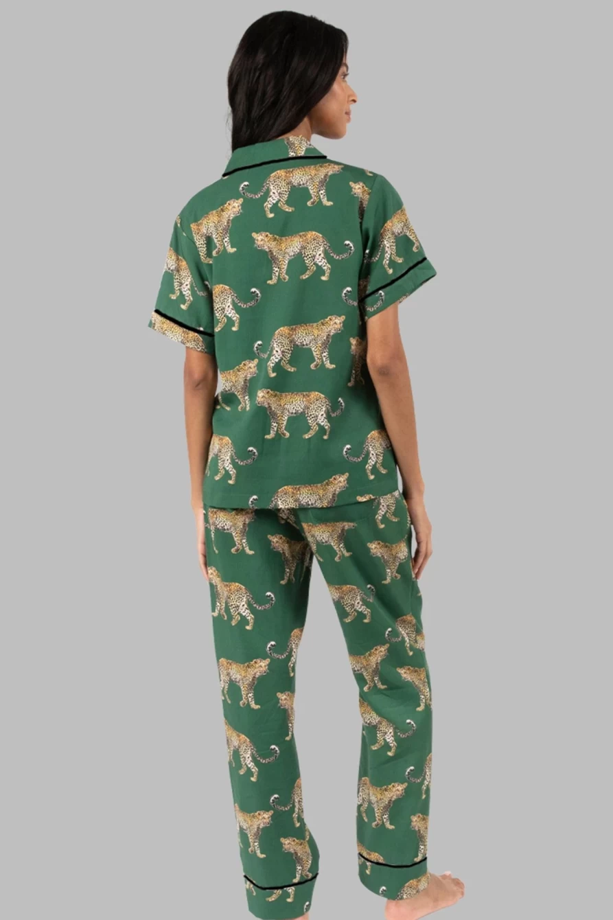 Women's Green Cheetah Print Pajama Set - Short Sleeve Shirt & Pants by Shewin