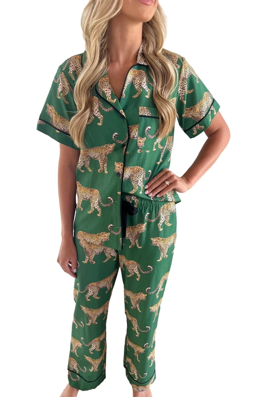 Women's Green Cheetah Print Pajama Set - Short Sleeve Shirt & Pants by Shewin