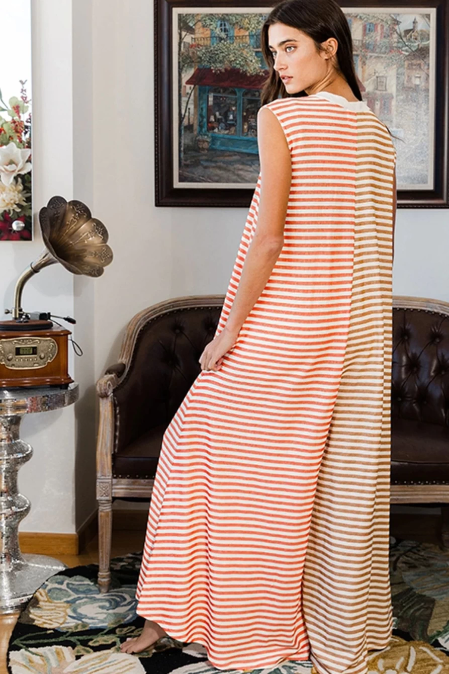 Women's Orange Stripe Wide Leg Jumpsuit with Pockets - Shewin D Pocketed Baggy Style