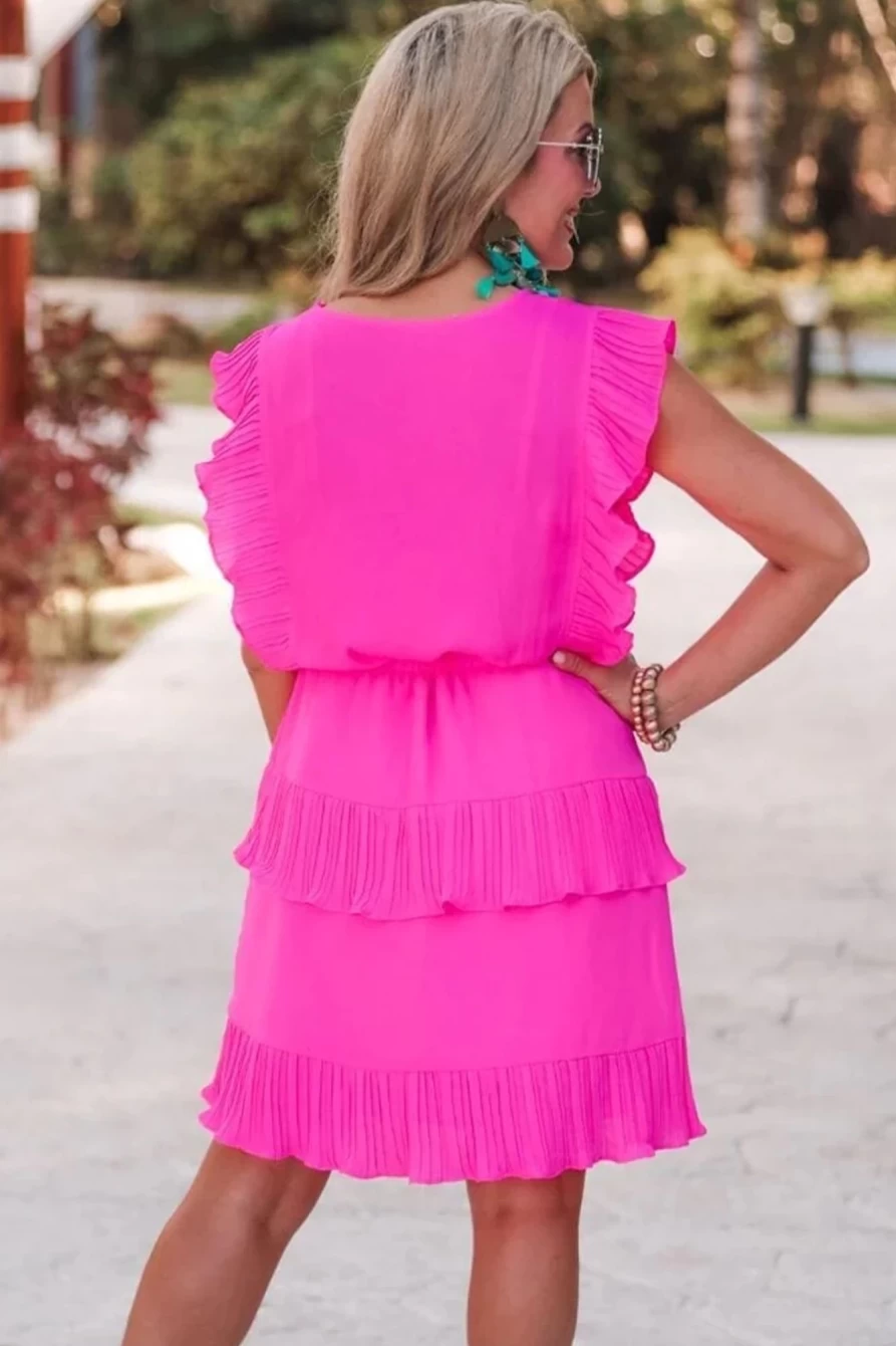 Shewin Women's Bright Pink Pleated Ruffle Layered Mini Dress Sleeveless
