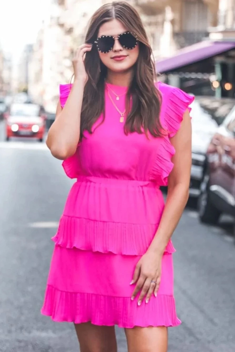 Shewin Women's Bright Pink Pleated Ruffle Layered Mini Dress Sleeveless