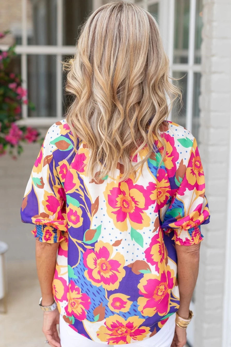 Shewin Women's Rose Red Floral Blouse with Frilled Split Neck & Bubble Sleeves