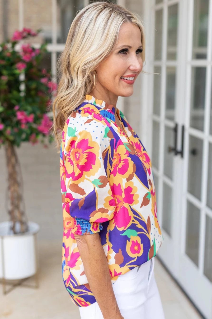 Shewin Women's Rose Red Floral Blouse with Frilled Split Neck & Bubble Sleeves