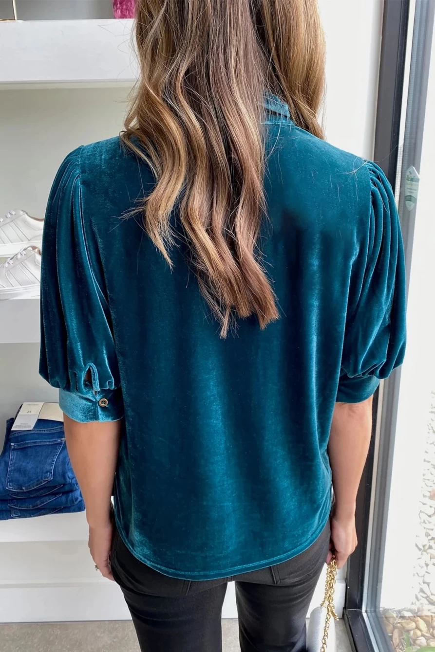Shewin Women's Peacock Blue Velvet Bow Tie Ruched Blouse Short Sleeve Top