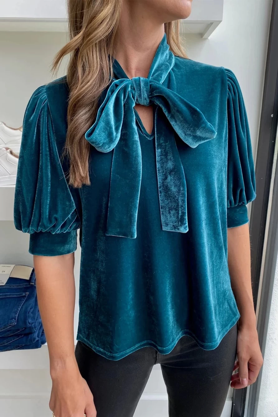 Shewin Women's Peacock Blue Velvet Bow Tie Ruched Blouse Short Sleeve Top