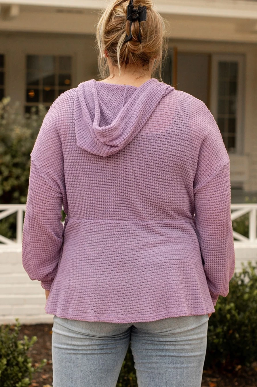 Shewin Women's Plus Size Pink Waffle Knit Hooded Long Sleeve Top