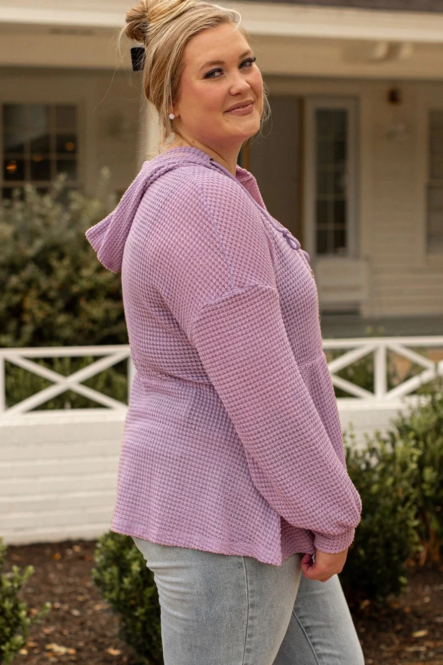 Shewin Women's Plus Size Pink Waffle Knit Hooded Long Sleeve Top