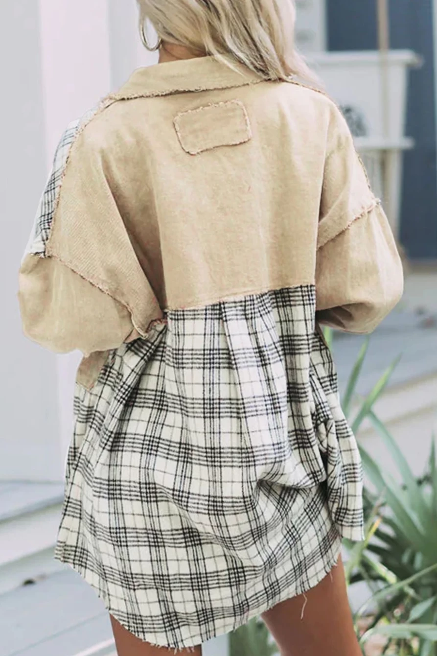 Women's Khaki Denim Shacket by Shewin - Flannel-Lined Casual Button-Up Shirt for Stylish Layering