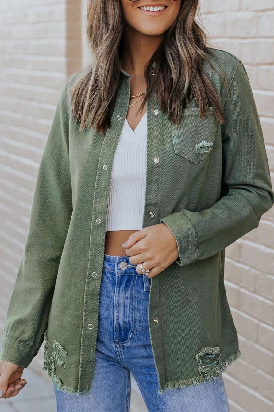 Women's Green Casual Ripped Raw Hem Denim Shacket by Shewin - Stylish Button Up Jacket for Women