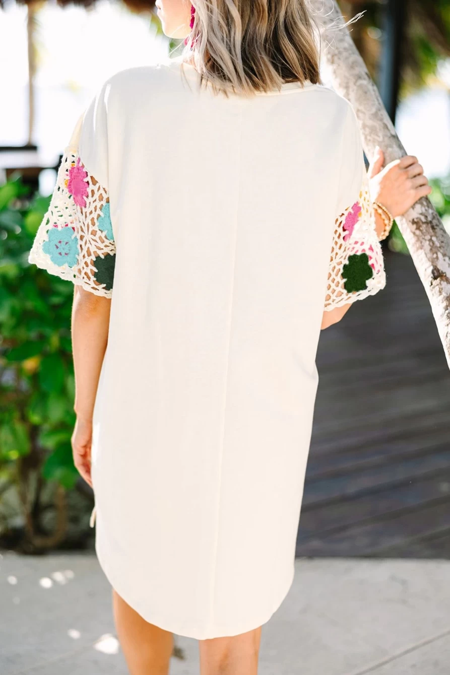Shewin Women's White Floral Crochet Sleeve T-Shirt Dress - Boho Chic Summer Dress