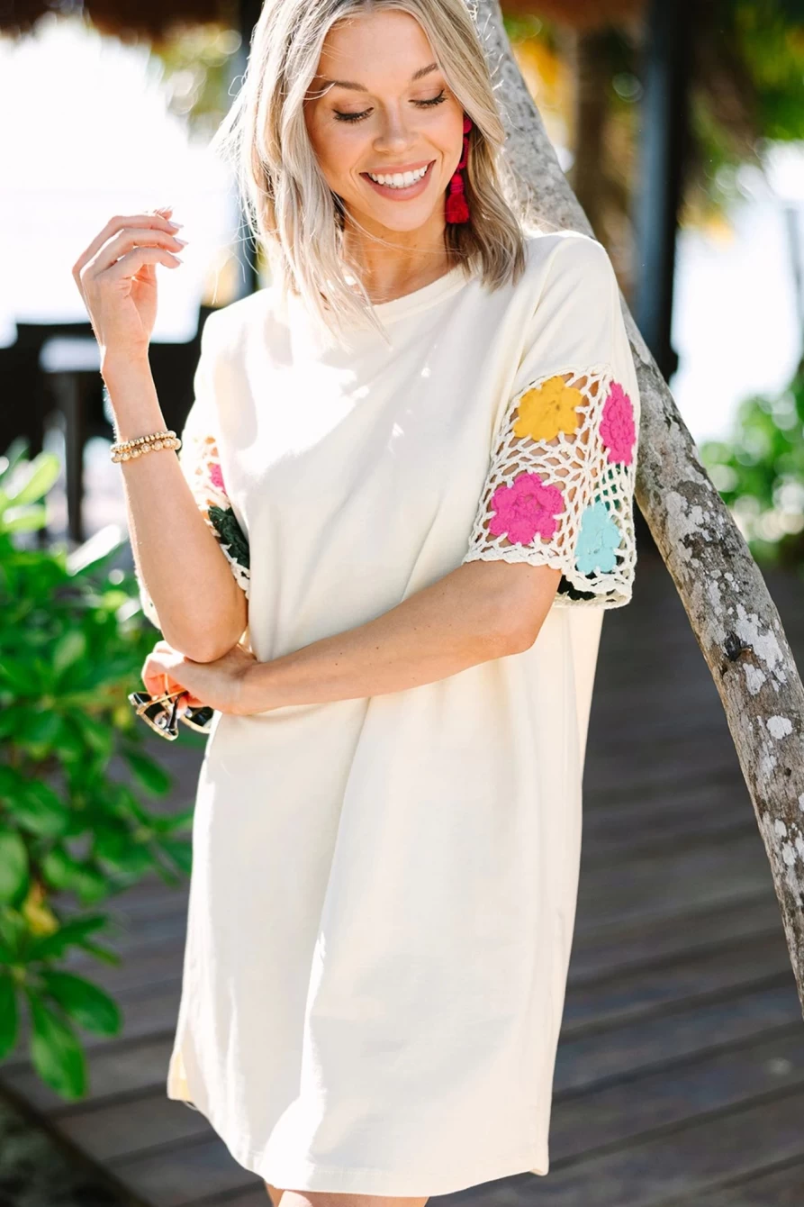 Shewin Women's White Floral Crochet Sleeve T-Shirt Dress - Boho Chic Summer Dress
