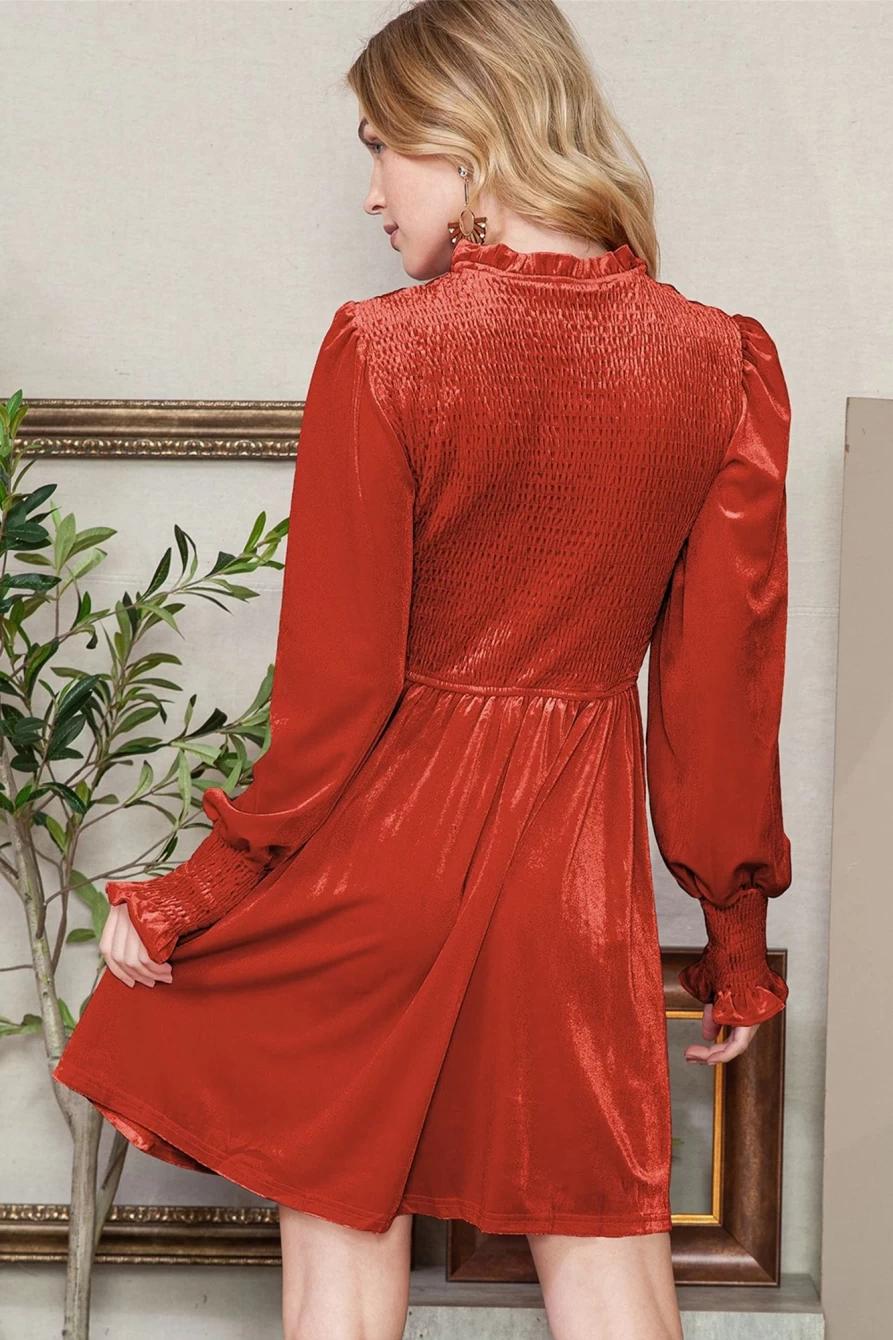 Shewin Women's Red Clay Velvet Dress with Smocked Detail, Lantern Sleeves & Frilled Hem
