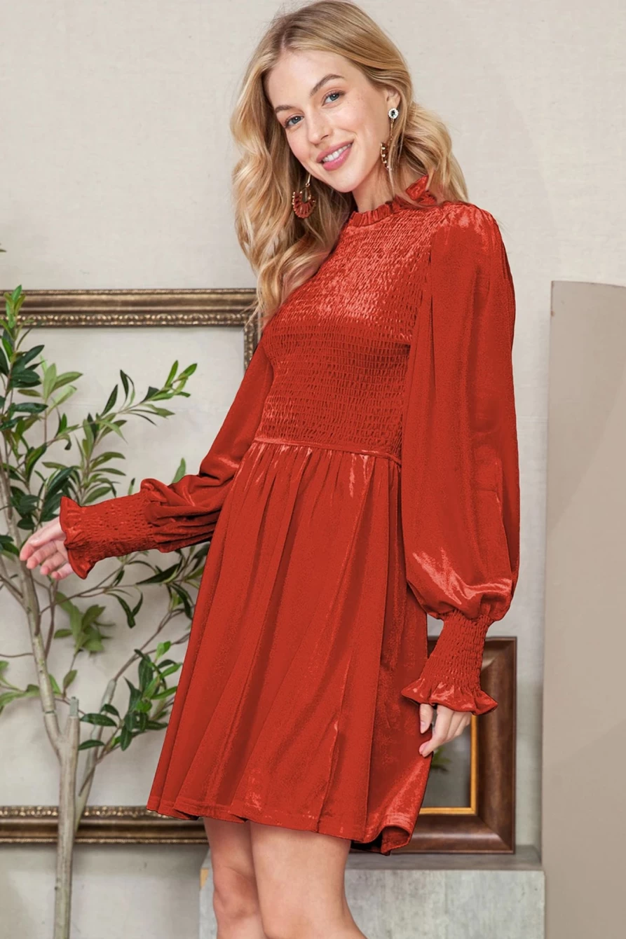 Shewin Women's Red Clay Velvet Dress with Smocked Detail, Lantern Sleeves & Frilled Hem