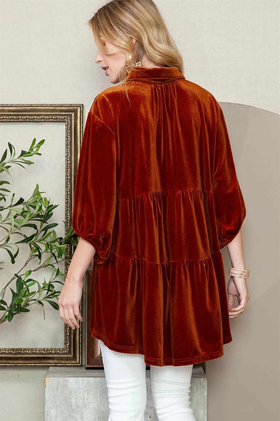Shewin Women's Chestnut Velvet Lantern Sleeve Tunic Babydoll Top