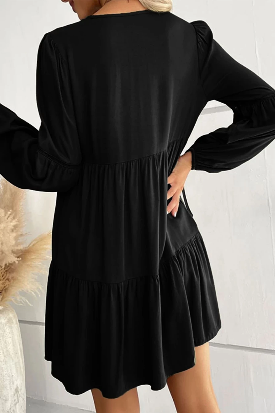 Shewin Women's Black Bishop Sleeve Tie Front Tiered Pleated Mini Dress